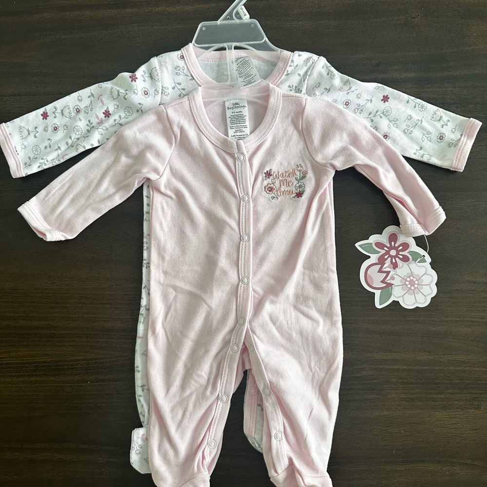 Baby Girls Pink Floral One-Piece Sleepers - 2-Pack (NWT)